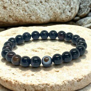 Black Agate Gemstone Beaded Bracelet - 8mm Stretchy Crystal Jewelry